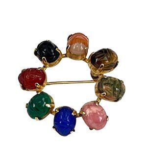 Bal-Ron Vintage 12K Gold Filled Multicolor Scarab Hand Carved Gemstone Circle Br